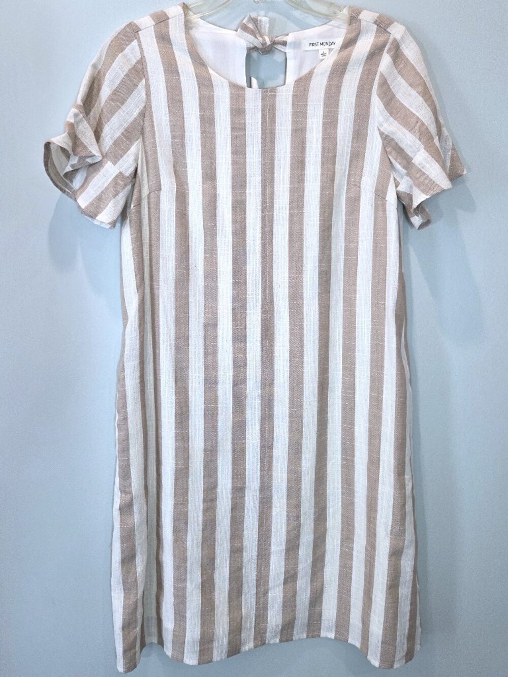 NWOT First Monday Linen Blend Beige & White Stripe with Bow Accents Dress Size S